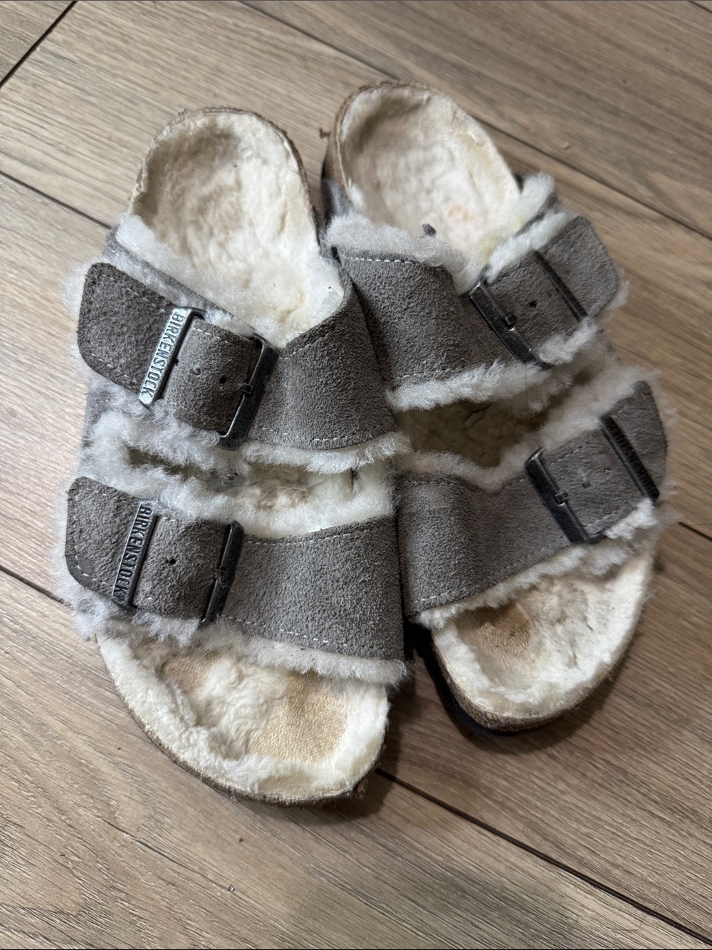 Birkenstock Arizona Shearling Suede Slide - Gray Taupe